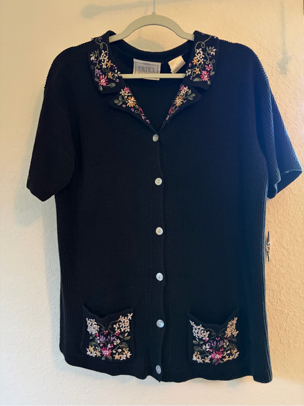 Black Cardigan with Multicolor Floral Embroidery